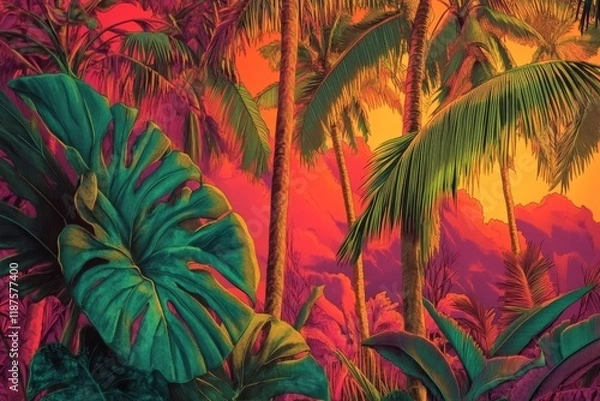Fototapeta An abstract tropical foliage pattern with vivid and strong colors