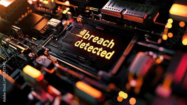 Fototapeta Enterprise Cyber Breach Alert. Network of devices, "Breach Detected" warning.  Symbolizes massive cyberattack.  Urgent corporate security threat