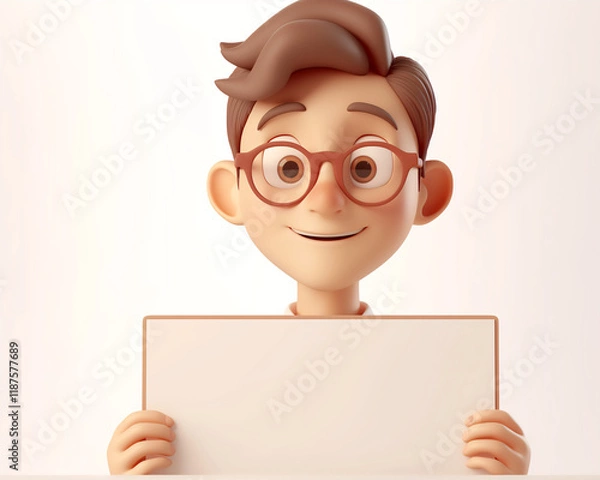 Fototapeta Smiling 3D Illustration of a Young Man Holding Blank Sign for Custom Text or Message in Marketing Materials