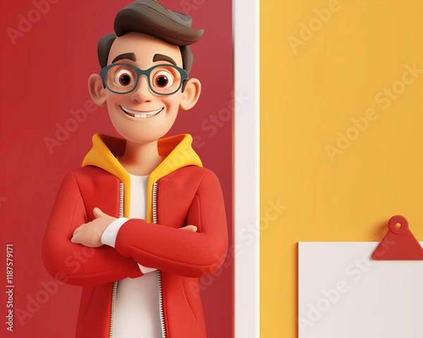Fototapeta Cheerful Young Man in Glasses and Red Jacket Illustration with Vibrant Red and Yellow Background, Perfect for Youthful Marketing and Design Projects
