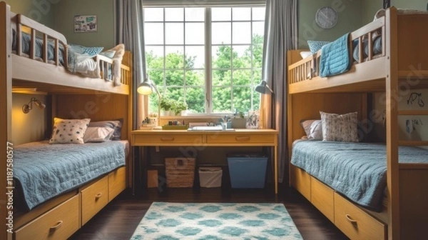 Fototapeta Modern shared university dorm room with bunk beds and study area