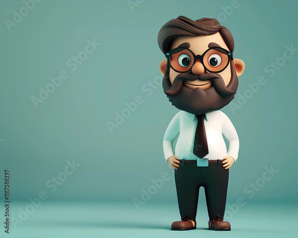 Fototapeta Cartoon Businessman Character Illustration with Glasses and Beard on Turquoise Background, Perfect for Marketing and Design Projects