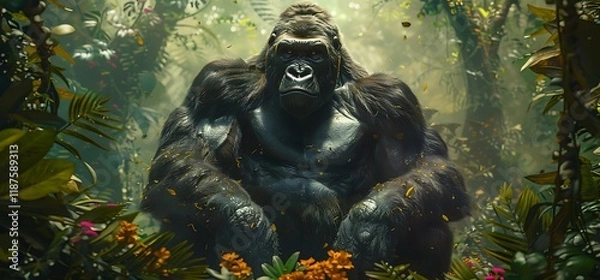 Obraz Powerful gorilla sits amidst lush rainforest foliage.