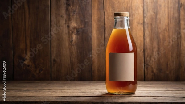 Fototapeta Amber liquid in a glass bottle with a blank label, set against a rustic wooden backdrop.