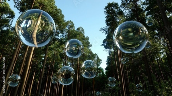 Obraz A serene forest scene featuring large, translucent bubbles floating among the trees under a clear blue sky.