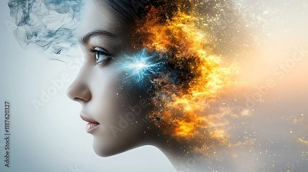 Fototapeta Mystical enlightenment portrait, split personality visualization, ethereal atmosphere Ultra-Realistic, Photo Realistic, highly detailed, 