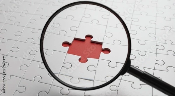 Obraz Magnifying glass focuses on a red missing puzzle piece in a white puzzle, symbolizing problem-solving and analysis.

