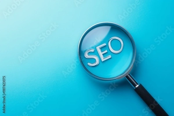Fototapeta Magnifying glass highlighting SEO letters on a bright blue background for digital marketing insights