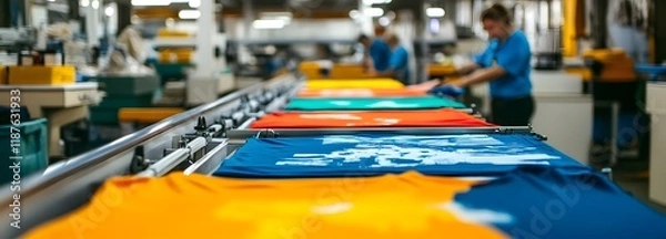 Fototapeta A custom t-shirt printing shop with machines printing vibrant designs, workers preparing shirts for customers