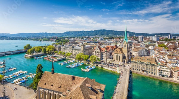 Obraz Widok lotu w centrum miasta Zürich z rzeką Limmat, Szwajcaria
