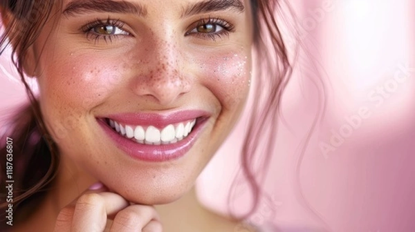Obraz Close-up portrait of a smiling woman with sparkling eyes and freckles, showcasing natural beauty and radiant confidence against a soft pink background