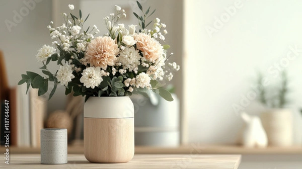 Fototapeta beautiful flower vase with soft peach and white blooms, showcasing modern design. arrangement adds touch of elegance to any interior space, perfect for home decor