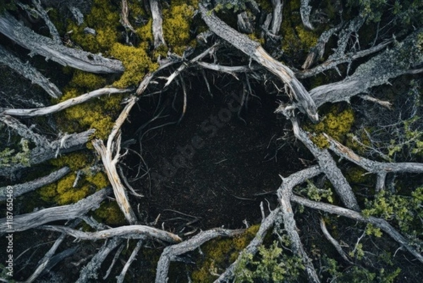 Fototapeta Mossy branches form a circular frame around dark earth