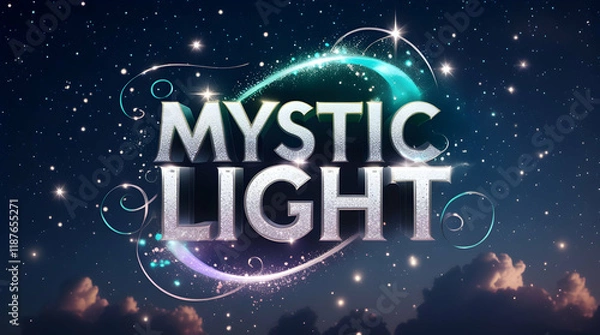 Obraz Text reading MYSTIC LIGHT, with stylized light trails on dark starfield background, used for graphic design or fantasy content