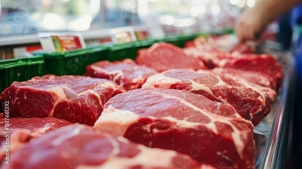 Fototapeta Fresh cuts of red meat displayed in a grocery store for customers.