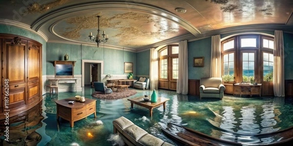 Fototapeta Panoramic Flooded Home: Water Damage Aftermath