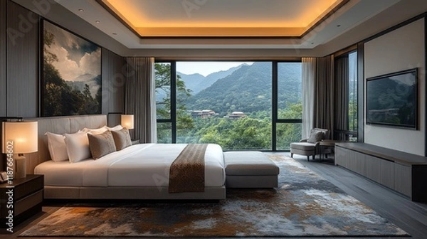 Obraz Modern bedroom with scenic mountain view and elegant decor.