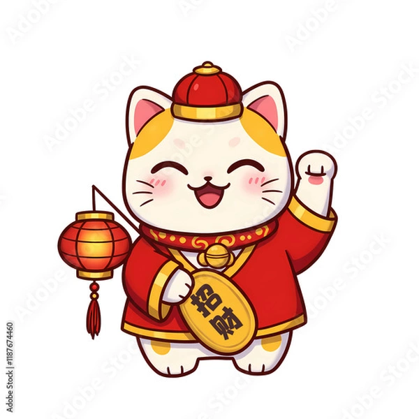Obraz Happy chinese new year theme illustration background wallpaper lantern maneki-neko lucky fortune propserity cat 招财猫	