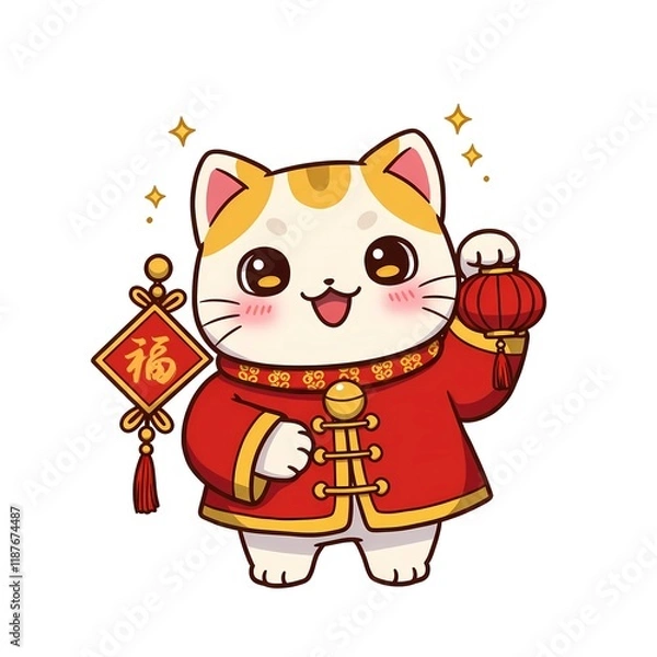 Obraz Happy chinese new year theme illustration background wallpaper lantern maneki-neko lucky fortune propserity cat 招财猫	