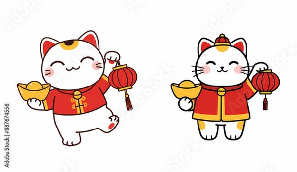 Obraz Happy chinese new year theme illustration background wallpaper gold ingots lantern maneki-neko lucky fortune propserity cat 招财猫	