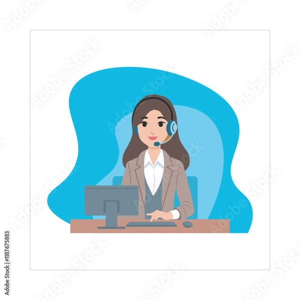 Obraz Call Center Woman Vector Illustration, Flat Design Character
