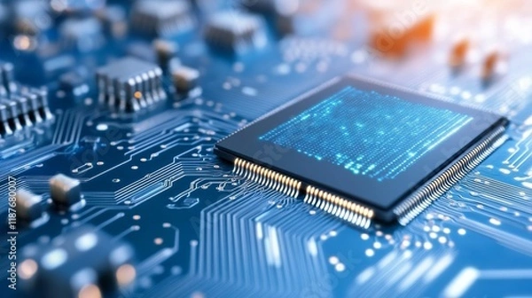Fototapeta Close-up of a microchip on a blue circuit board with glowing elements