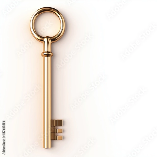 Fototapeta golden key with shiny finish, symbolizing access and opportunity, stands upright against light background. Its elegant design evokes feelings of curiosity and potential