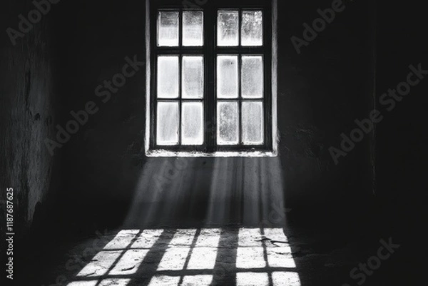 Fototapeta Black and white photo of a window in a dark room, sun rays stream through. Ideal for themes of hope, confinement, or light vs. darkness.