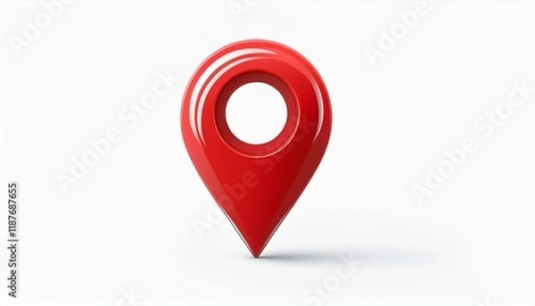 Fototapeta Glossy red location pin on white background.