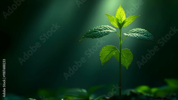 Fototapeta A lone seedling emerges from the earth, bathed in a single beam of light, symbolizing growth and new beginnings in the natural world.