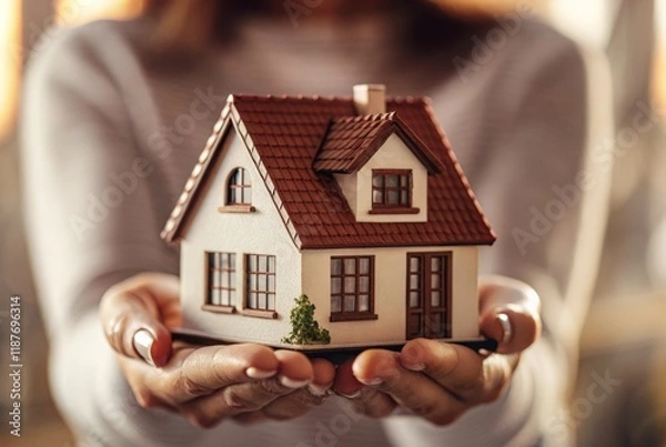 Obraz Woman's Hands Holding a House with a Red Roof, Miniature, Home Buying Concept
