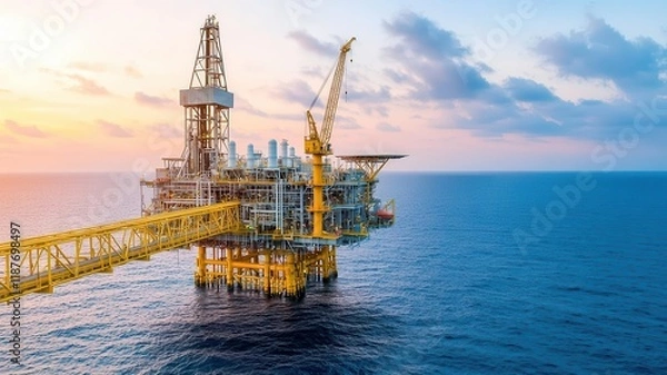 Obraz Massive offshore oil rig in the middle of the ocean, surrounded by calm blue waters, with the sun setting in the background