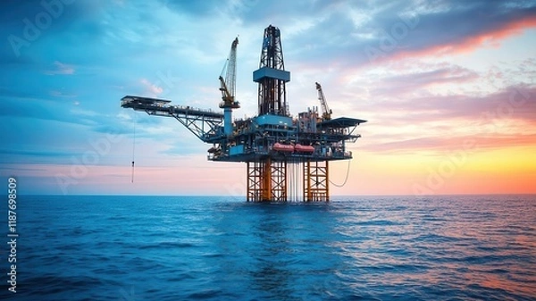 Obraz Massive offshore oil rig in the middle of the ocean, surrounded by calm blue waters, with the sun setting in the background