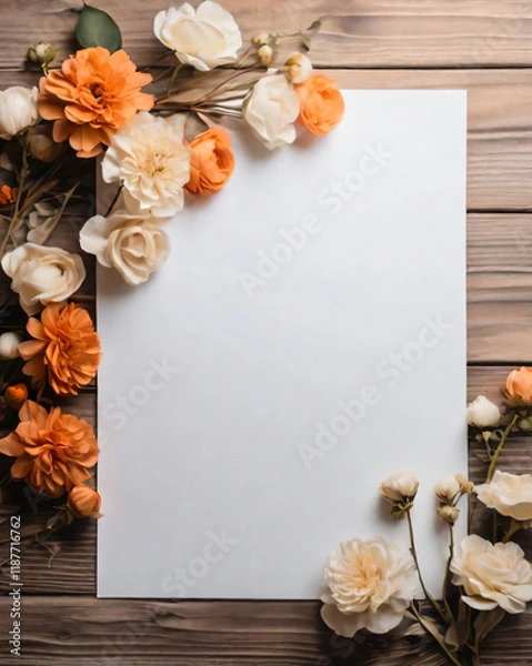 Fototapeta A blank sheet of paper framed by various dried flowers.