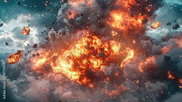 Fototapeta Dramatic Explosive Fireball Ignites in a Chaotic Sky Scene
