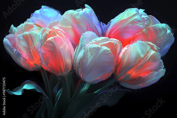 Fototapeta A glowing bouquet of tulips with abstract digital petals, symbolizing spring and beauty