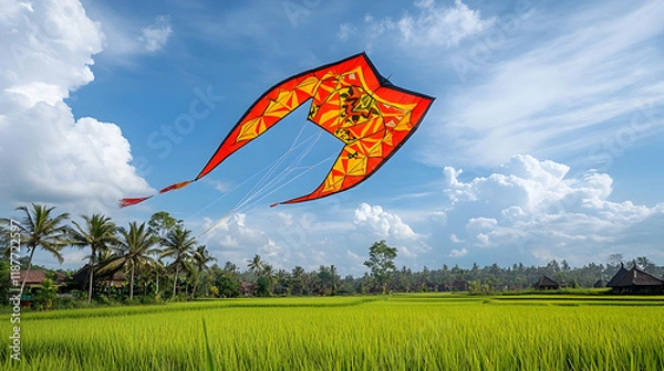 Obraz Photo - Colorful Kite Soaring Over Lush Green Rice Paddy Field Under Blue Sky with Clouds
