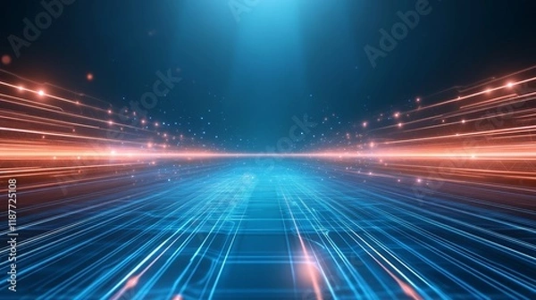 Fototapeta Futuristic digital grid with glowing light trails and technology concept