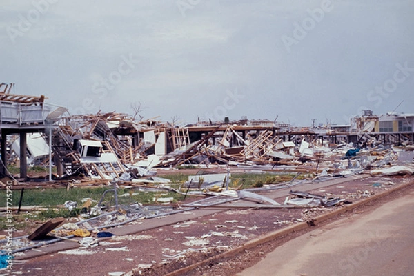 Obraz Cyclone Tracy was a destructive tropical cyclone that struck Darwin, Australia on Christmas Day, 1974. It was one of the most destructive natural disasters in Australia's history.