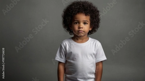 Obraz Black Curly Haired Boy Posing in White T-Shirt