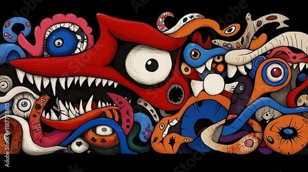 Obraz Surreal monster with multiple eyes, teeth, and tentacles in vibrant colors against a black background.