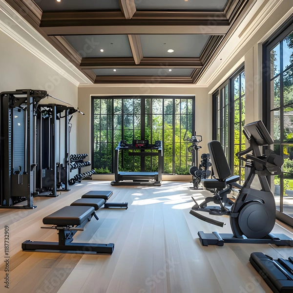 Fototapeta Modern home gym with fitness equipment and large windows overlooking a garden. Generative AI