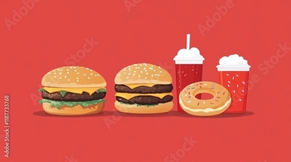 Fototapeta Red background, burgers, donut, soda, fast food menu illustration