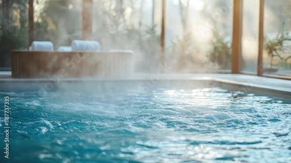Obraz Tranquil Indoor Spa with Inviting Hot Tub and Misty Atmosphere