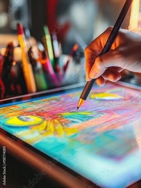 Fototapeta Close-Up of an Artist's Hand Using a Stylus to Create Digital Art