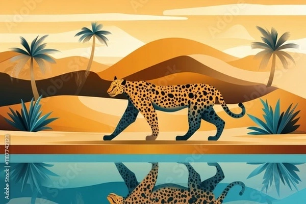 Fototapeta Stylized Illustration of a Leopard Walking Near a Reflective Water Body Amidst Desert Landscape with Mountains, Palms, and Warm Color Palette