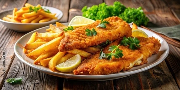 Obraz Crispy Fried Fish Fillet with Fries & Lemon - Restaurant-Style Seafood Meal