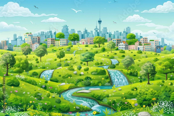 Fototapeta City Landscape Island with Green Trees Clouds