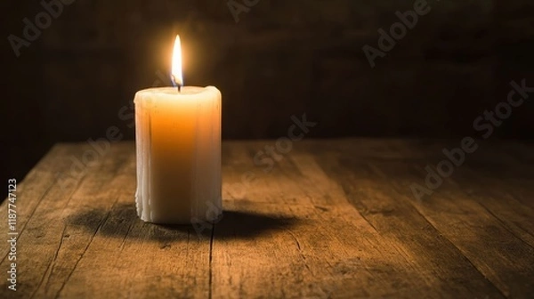 Obraz A Single Candle Glows on a Wooden Table in the Dark