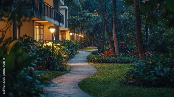Fototapeta Serene Garden Pathway with Ambient Lighting in Tropical Resort Evening